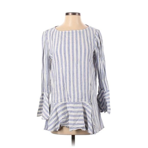 Revolve Alice + Olivia White Doyle Trumpet Sleeve Striped Blouse - Picture 6 of 13